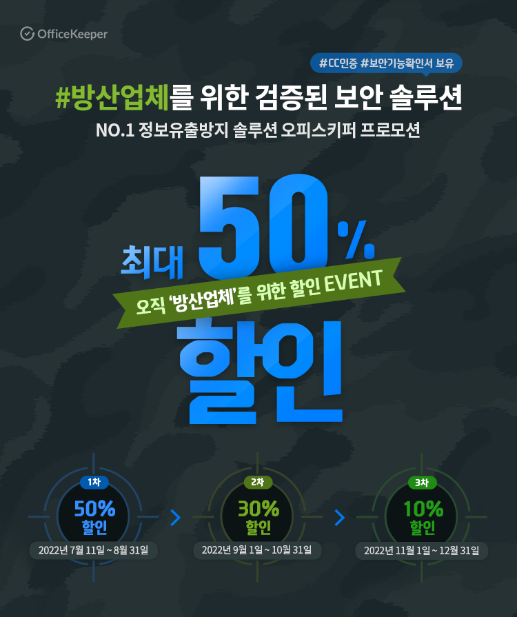 #방산업체를 위한 검증된 보안 솔루션 #CC인증 #보안기능확인서 보유 NO.1 정보유출방지 솔루션 오피스키퍼 프로모션 최대 50% 할인, 오직 방산업체를 위한 할인 EVENT, 1차 50% 할인 2022년 7월11일~8월31일, 2차 30% 할인 2022년 9월1일~10월31일, 3차 10% 할인 2022년 11월1일~12월31일